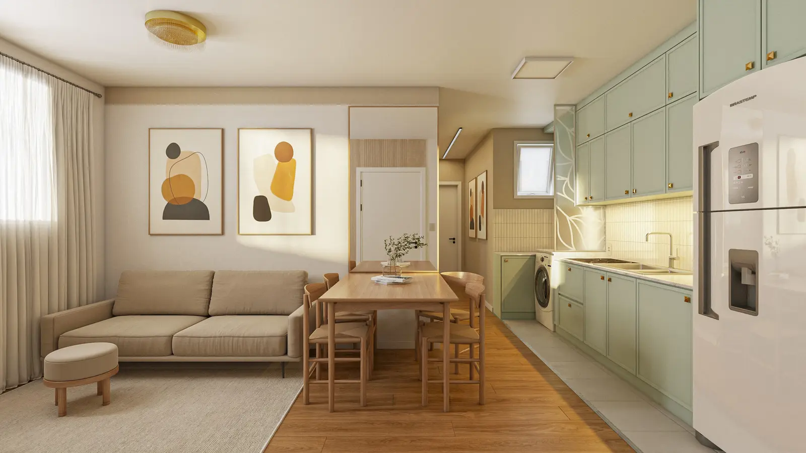 Sala e cozinha do apartamento decorado