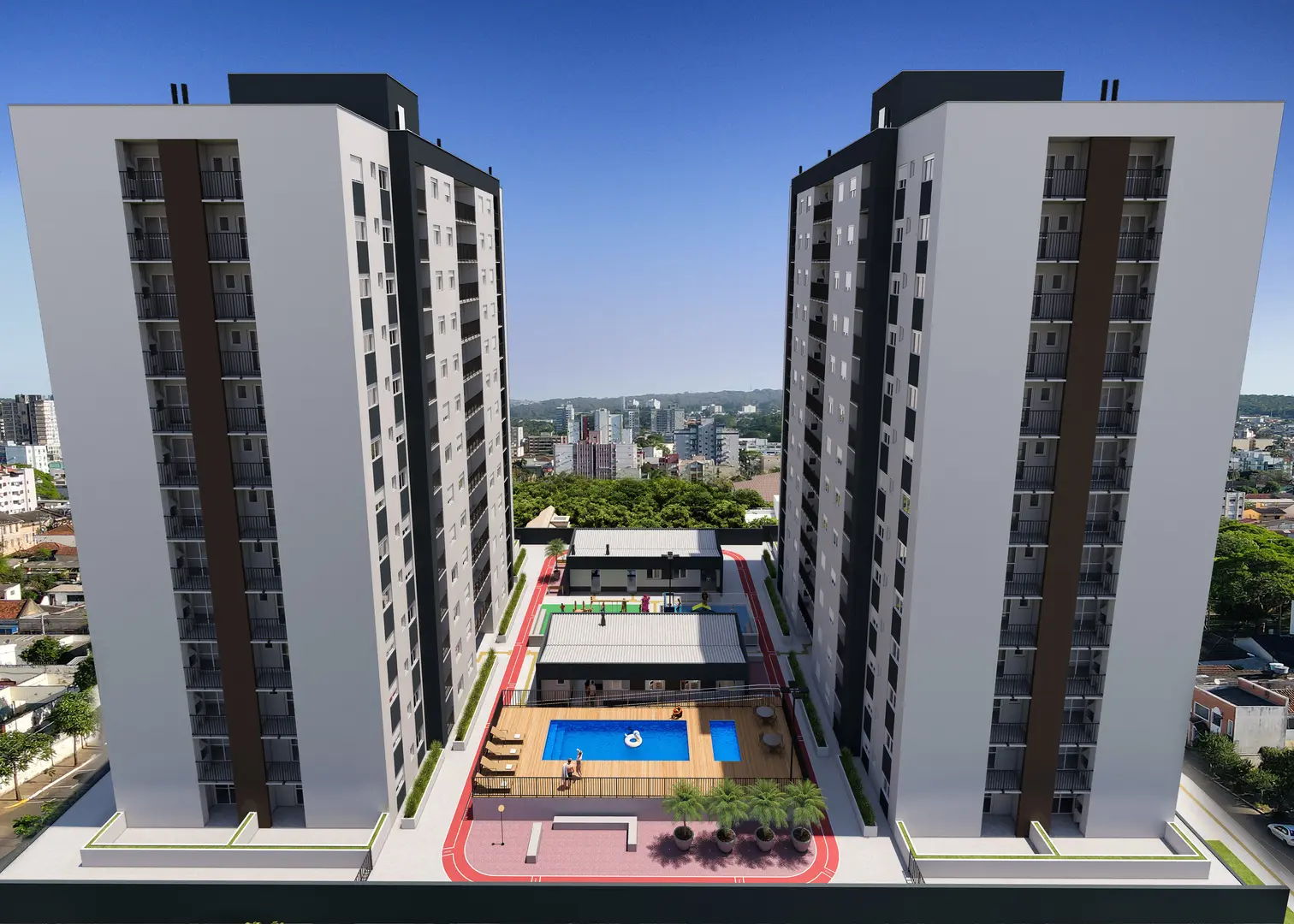Vista das torres e da área de lazer do Residencial Athena