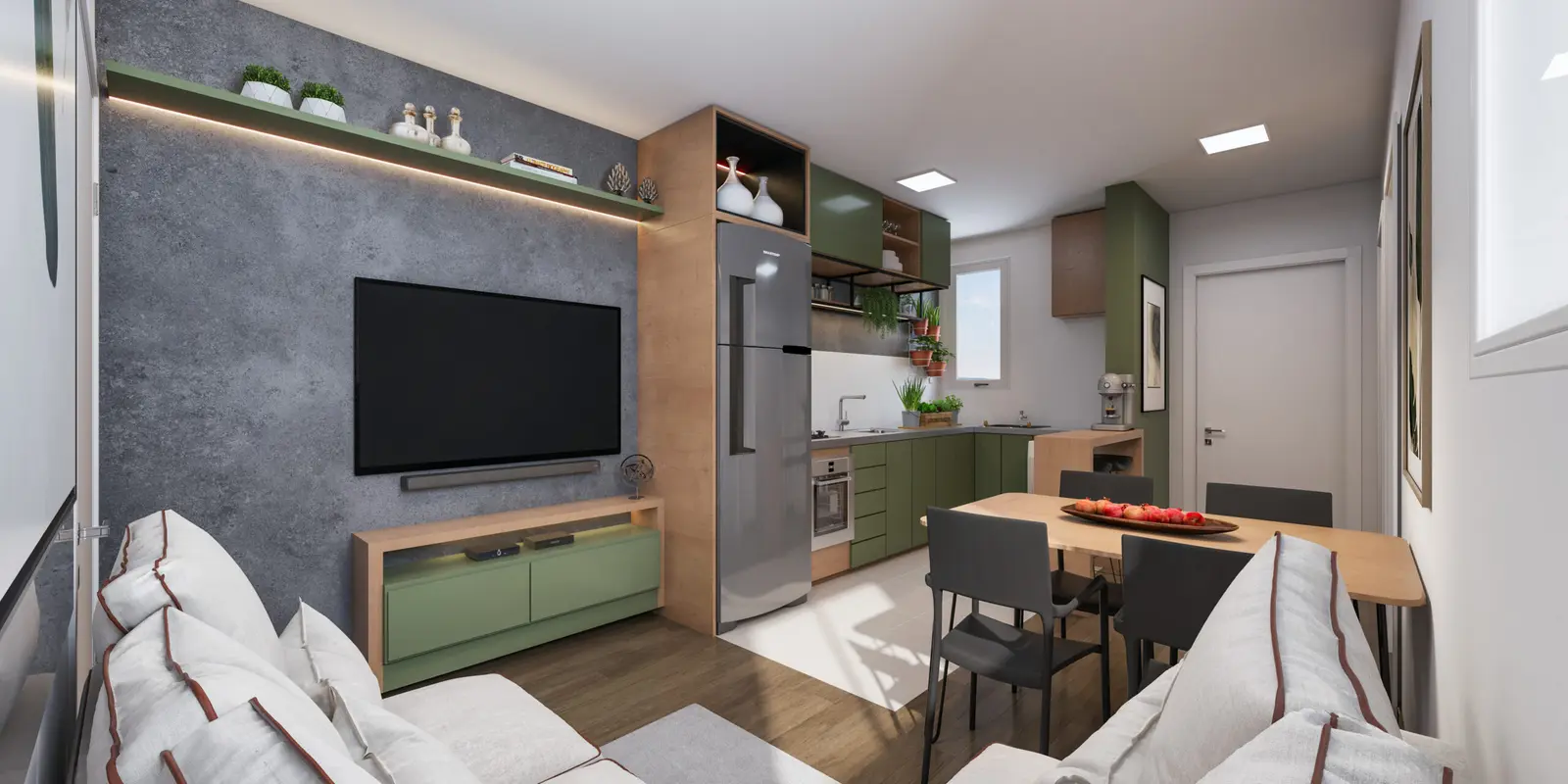 Sala e cozinha integradas do apartamento decorado