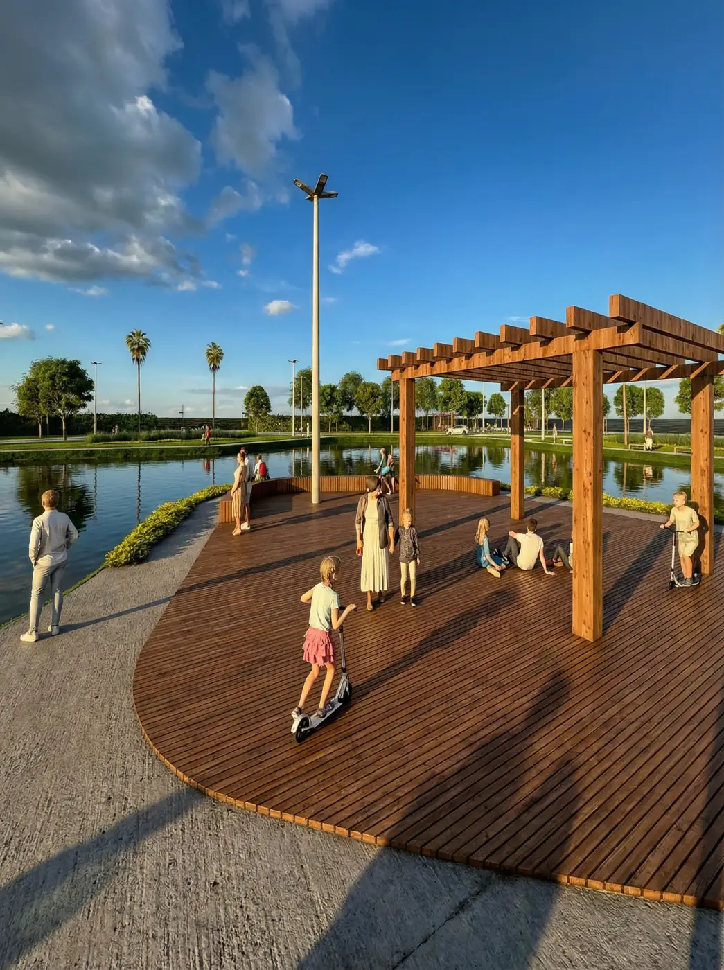 Deck com pergolado à beira do lago (imagem ilustrativa do projeto)