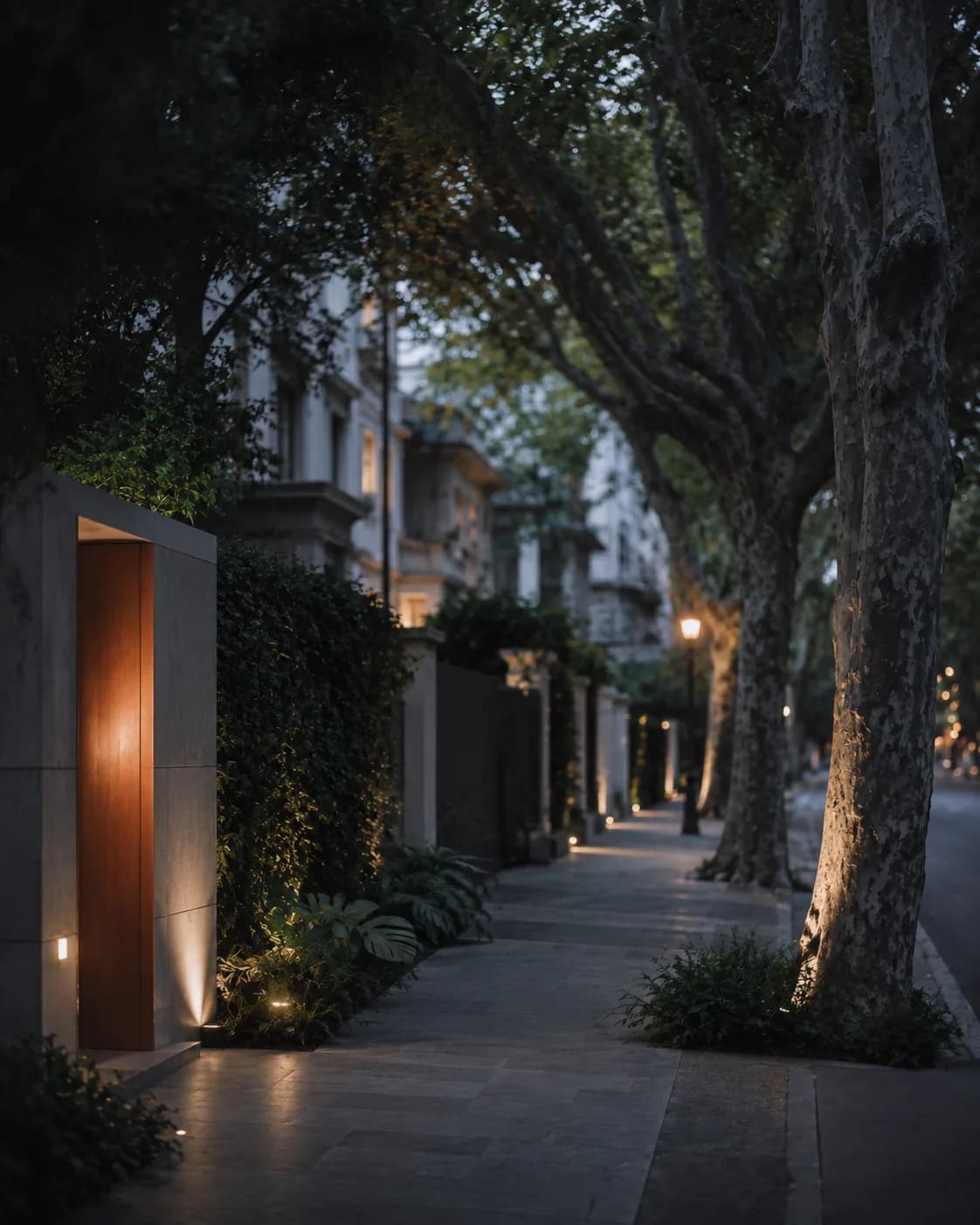 Rua residencial arborizada ao entardecer, composição conceitual sem relação com um bairro ou empreendimento específico.