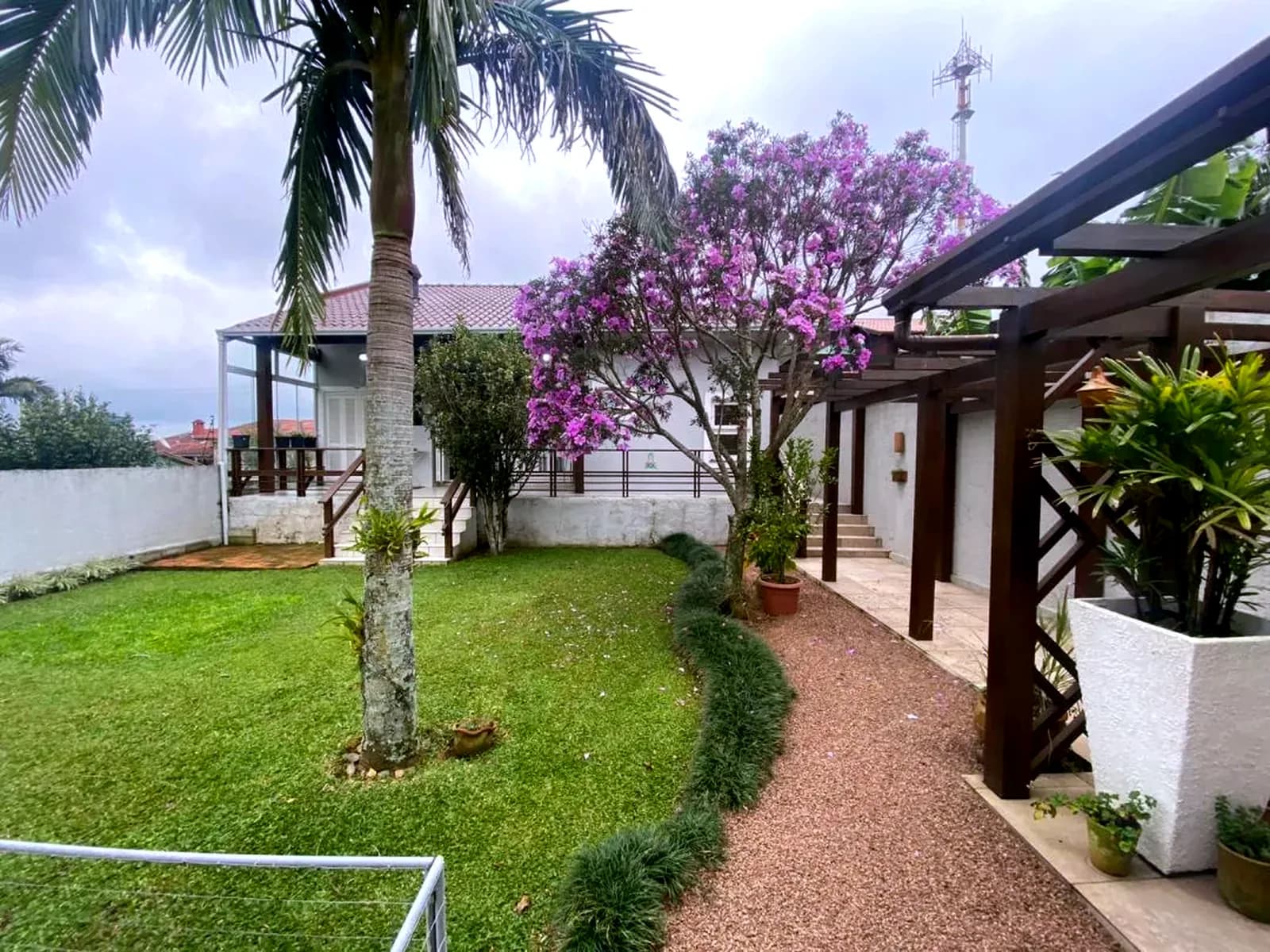 Jardim gramado com palmeira e quaresmeira florida, ao lado da varanda coberta da casa e de uma pérgola de madeira.