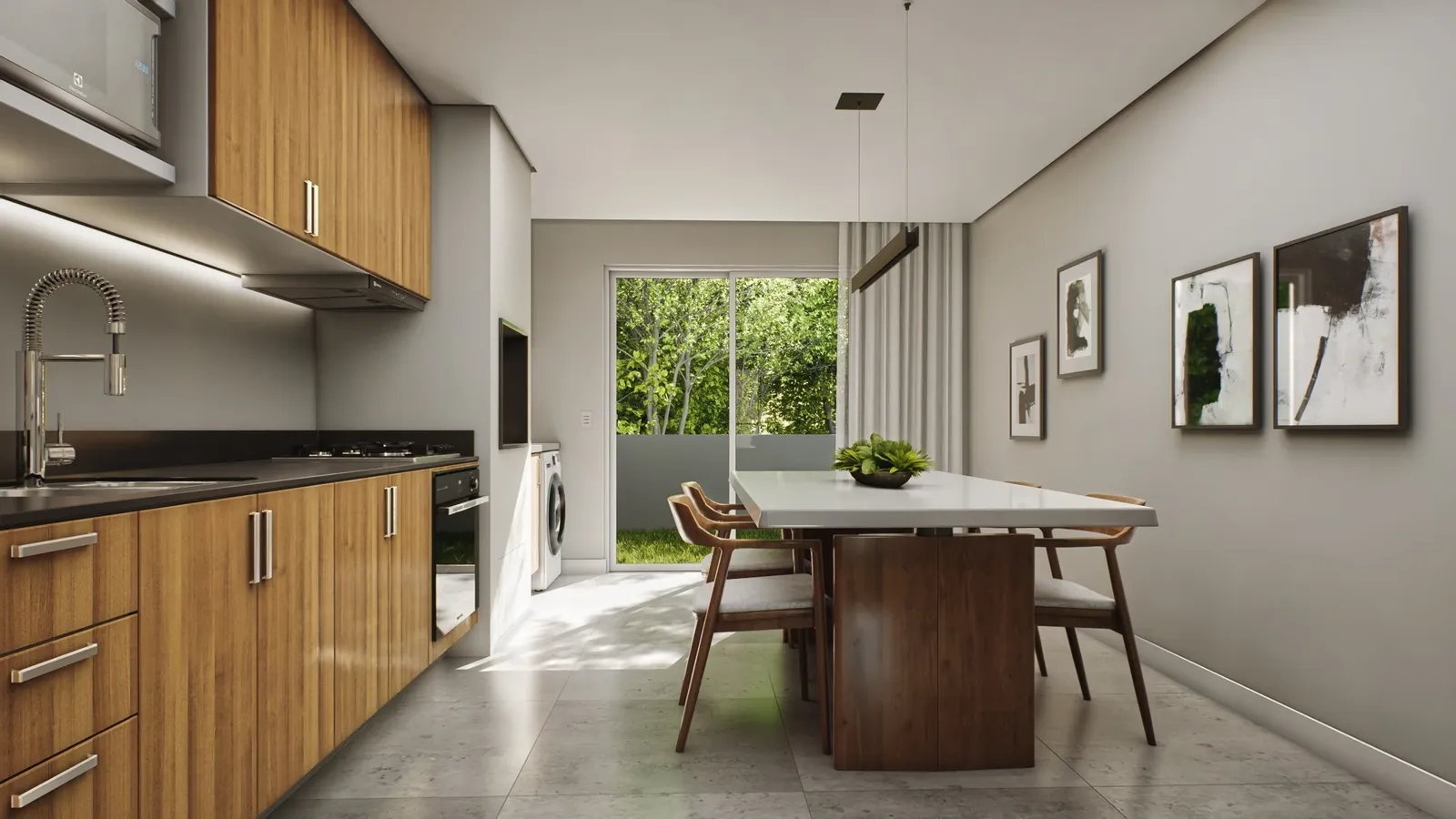 Projeto da cozinha integrada à sala de jantar, com armários de madeira e mesa para quatro.