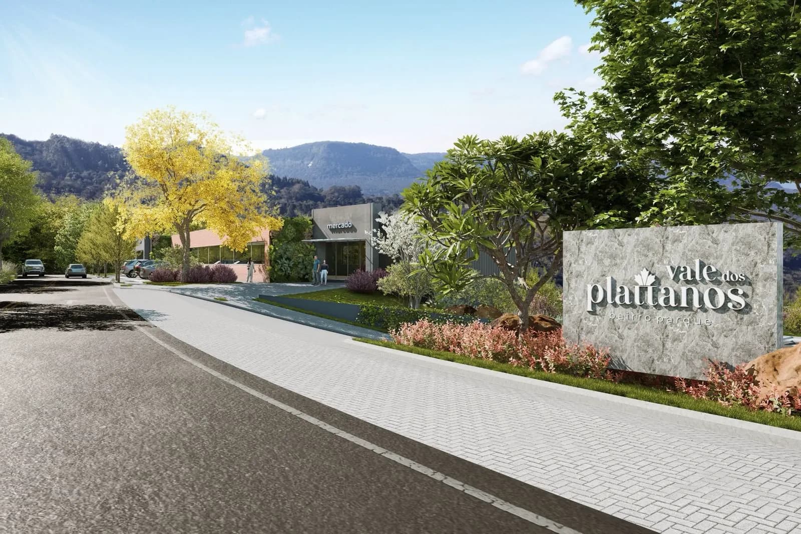 Portal de entrada do bairro Vale dos Plattanos, em Gramado, com vista para a Serra Gaúcha.