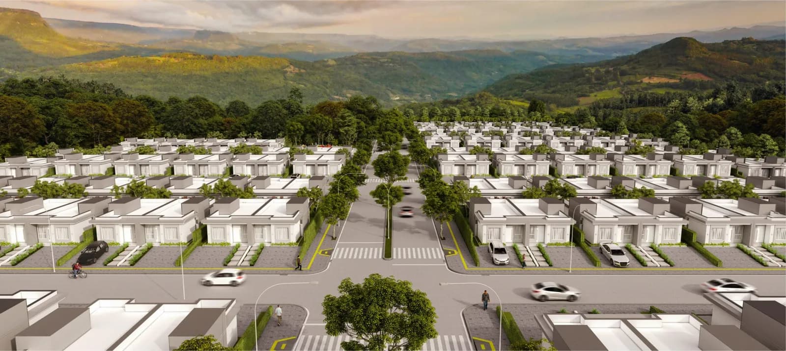 Projeto do bairro visto do alto, com as quadras de casas e as montanhas ao fundo.