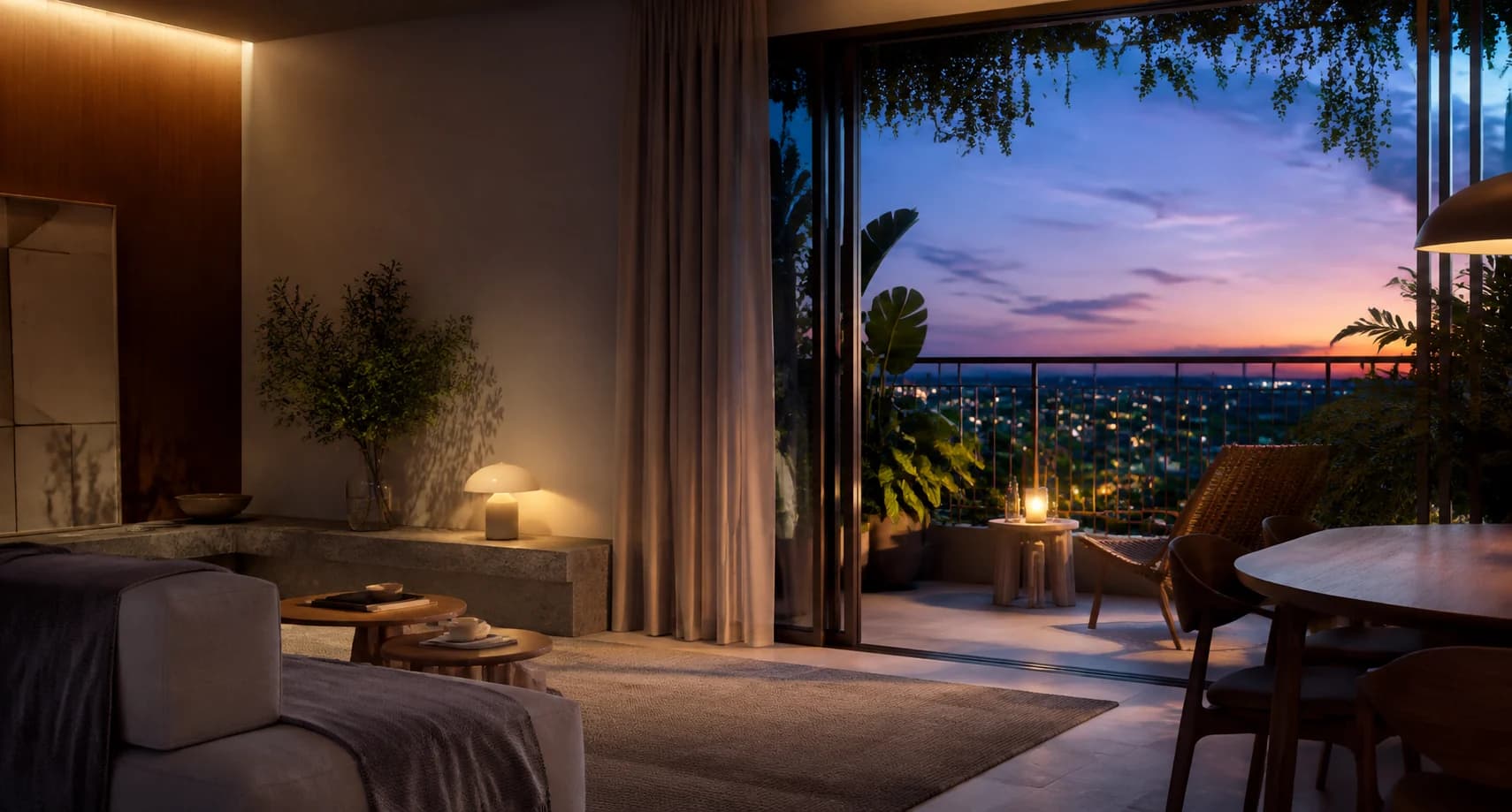 Sala de apartamento arrumada, com varanda aberta para a cidade ao anoitecer, em cena conceitual.