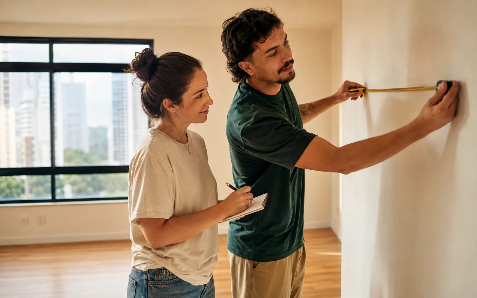 Casal mede a parede de um apartamento vazio antes de se mudar.
