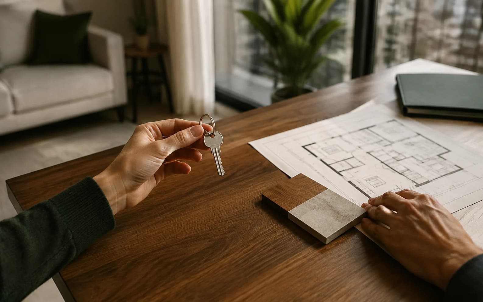 Chave de um apartamento ao lado de uma planta e amostras de acabamento.