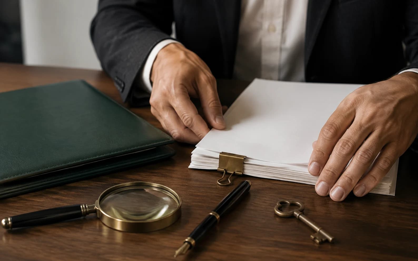 Profissional organiza documentos de imóvel sobre uma mesa.