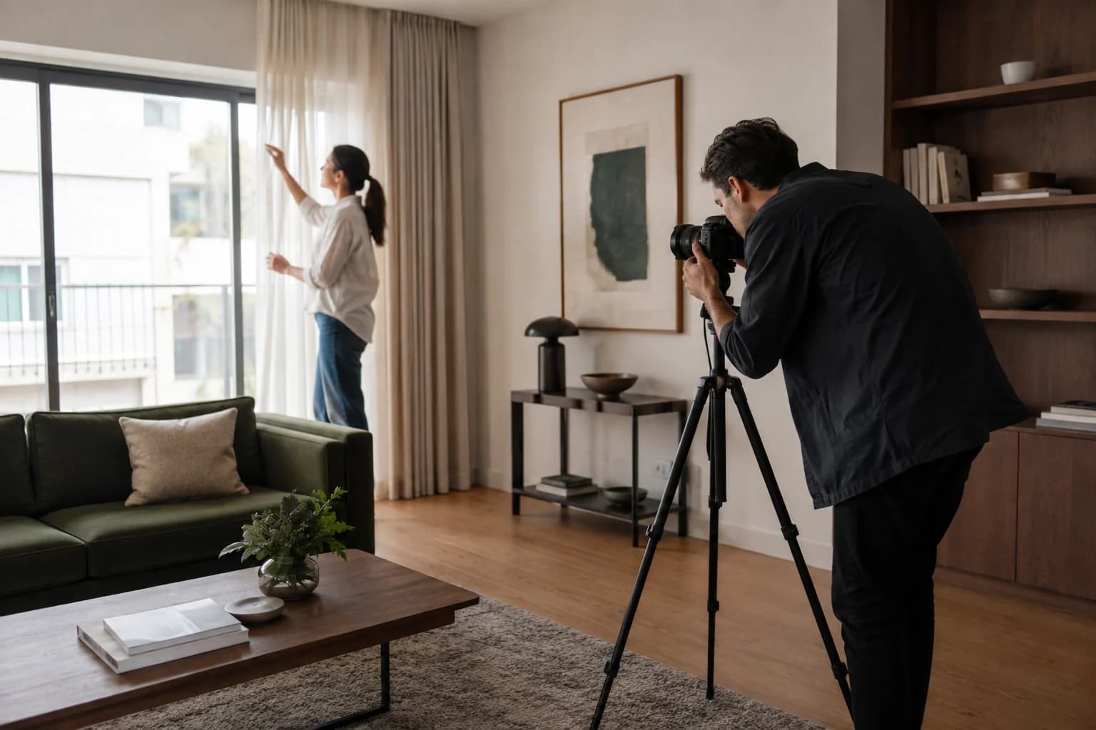 Equipe prepara a luz e fotografa o interior de um apartamento.
