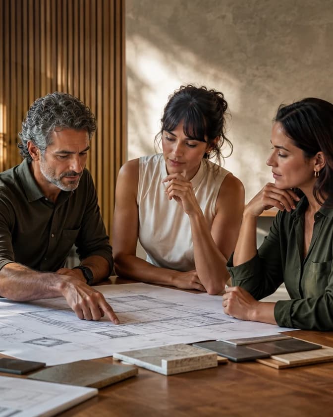Profissionais analisam uma planta e amostras de materiais em reunião, em cena conceitual.
