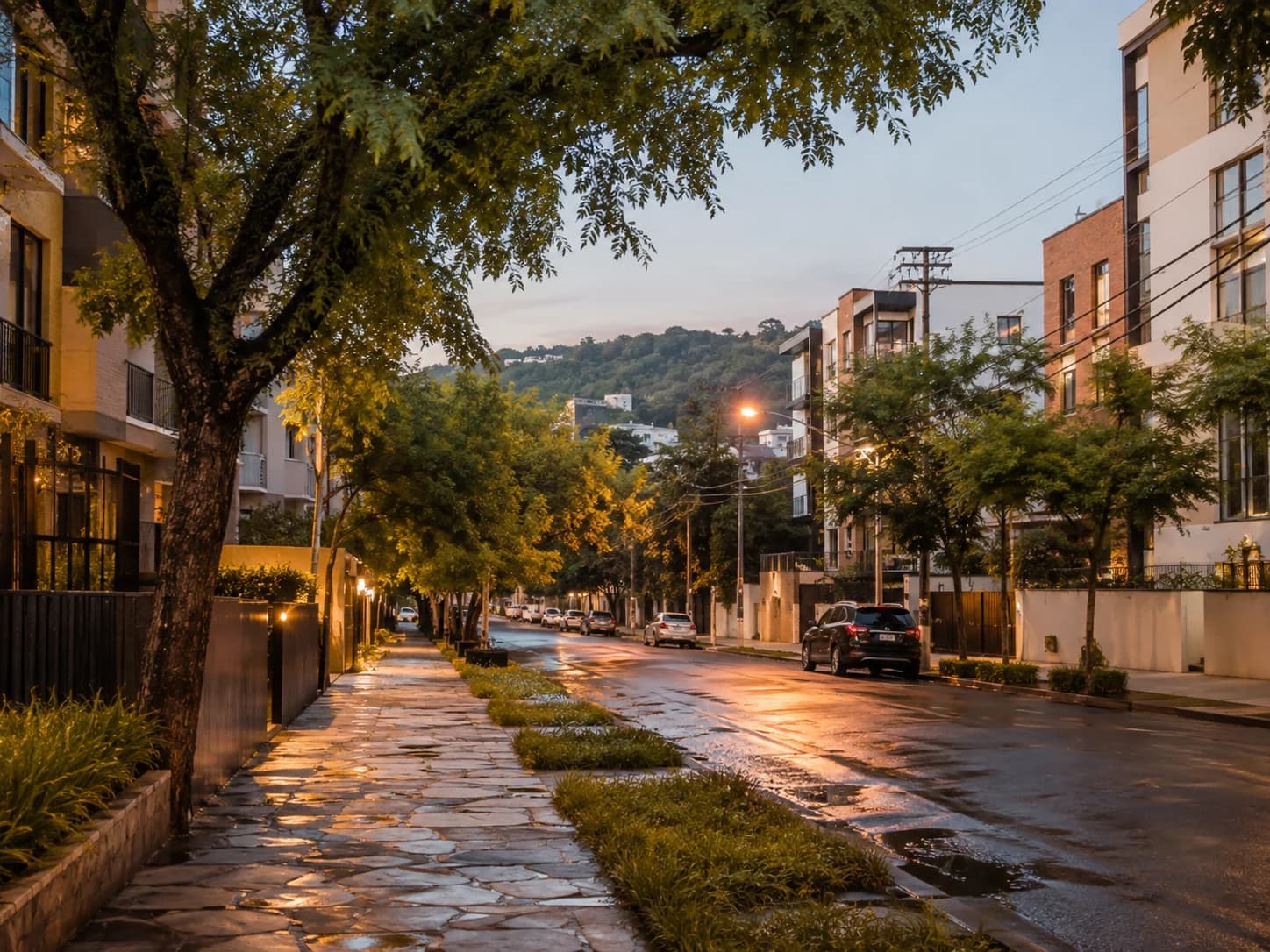 Rua residencial arborizada inspirada no Vale do Sinos, em cena conceitual.