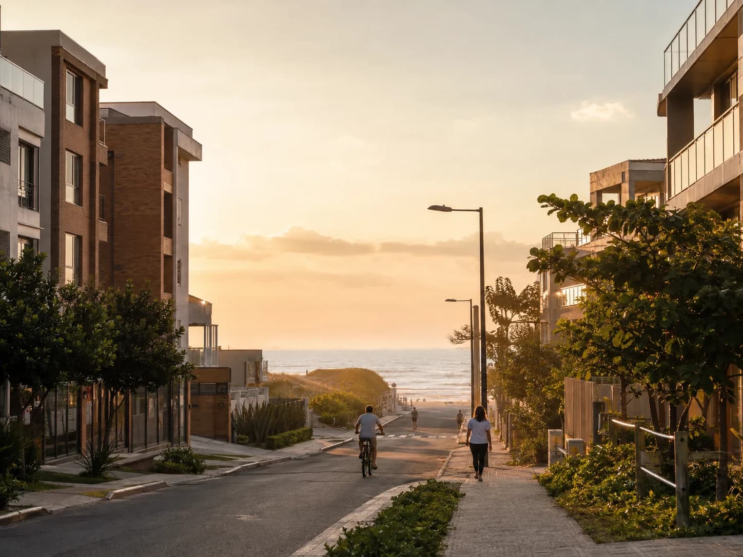Avenida residencial próxima ao mar inspirada no Litoral Norte gaúcho, em cena conceitual.