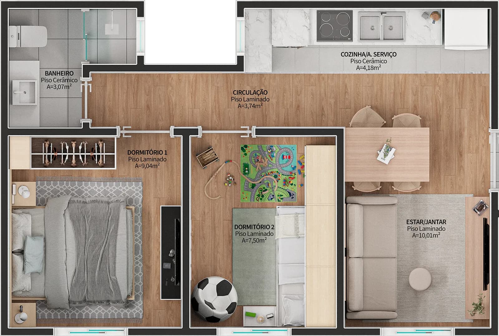 Planta do apartamento de 2 dormitórios com 44,06 m²