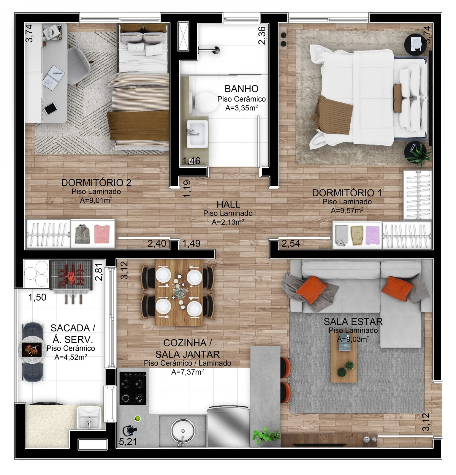 Planta do apartamento de 2 dormitórios