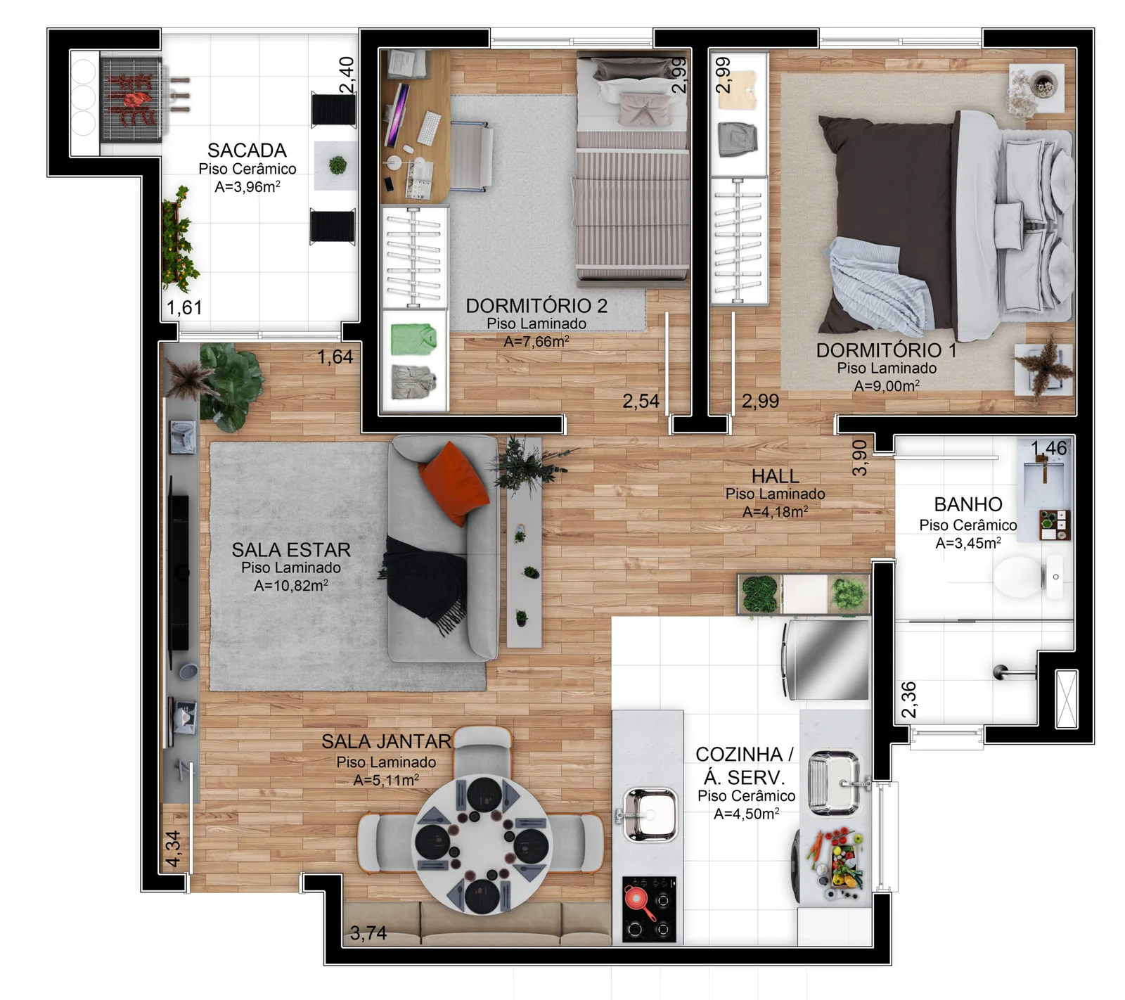 Planta do apartamento de 2 dormitórios de meio