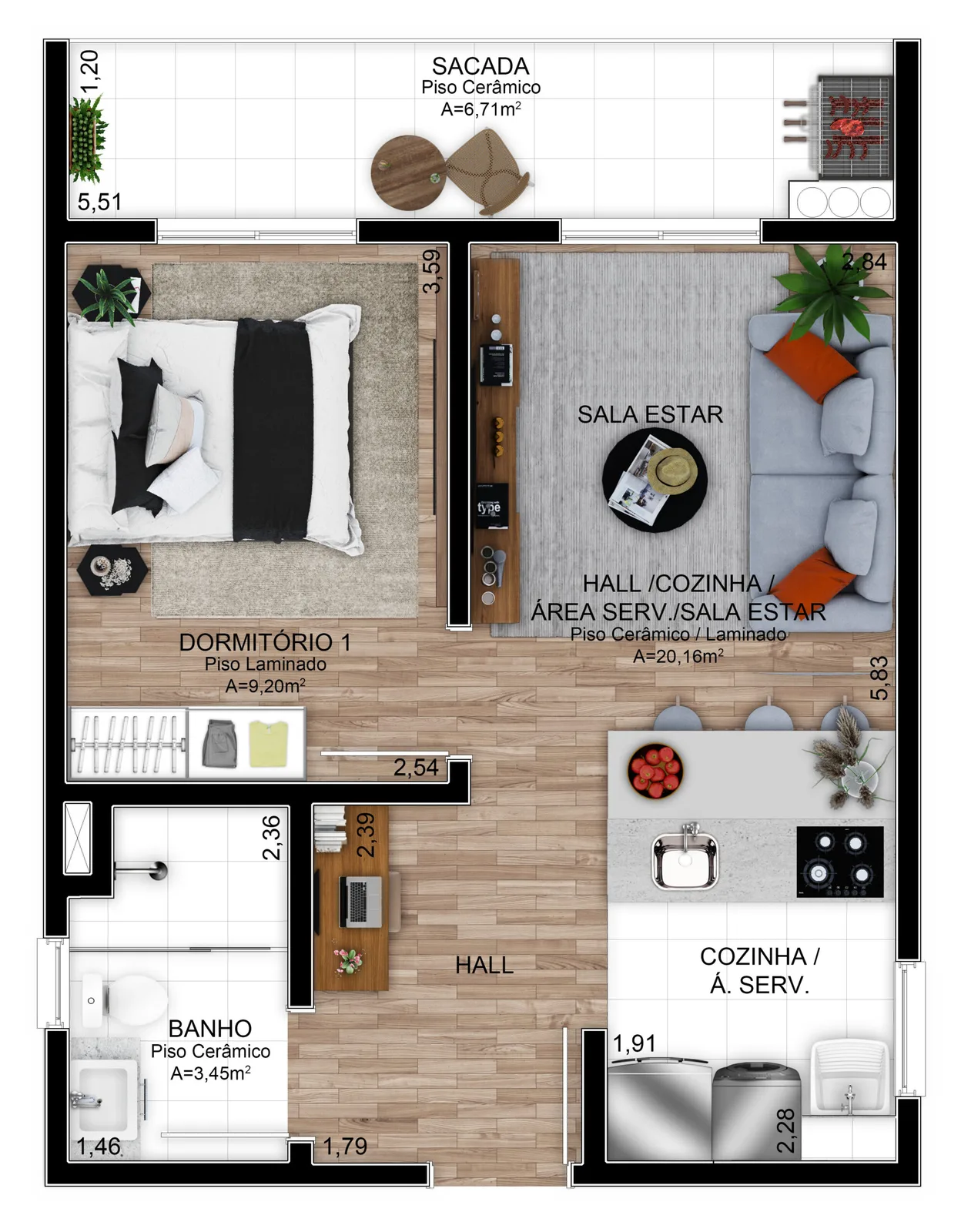 Planta do apartamento de 1 dormitório