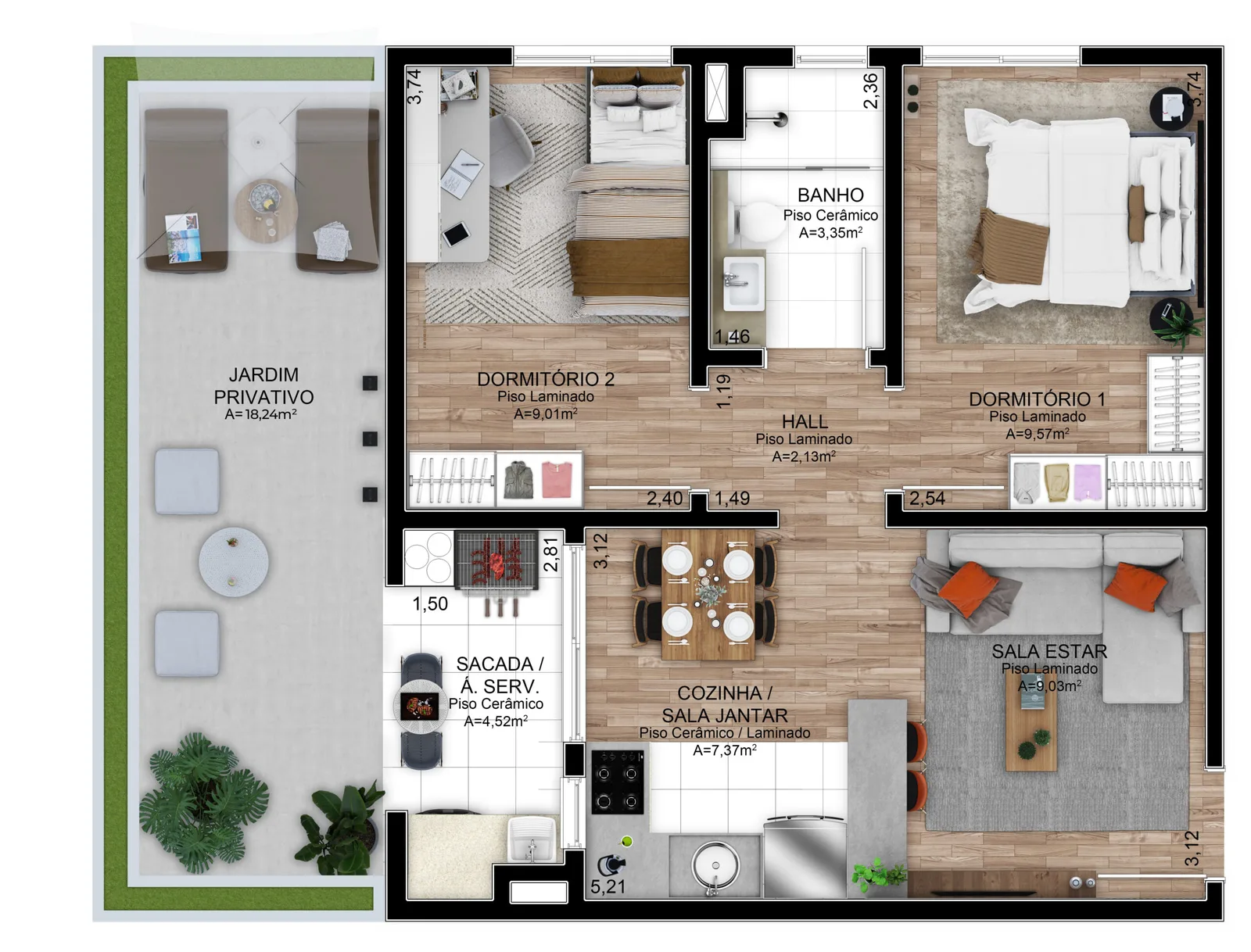 Planta do apartamento de 2 dormitórios com garden