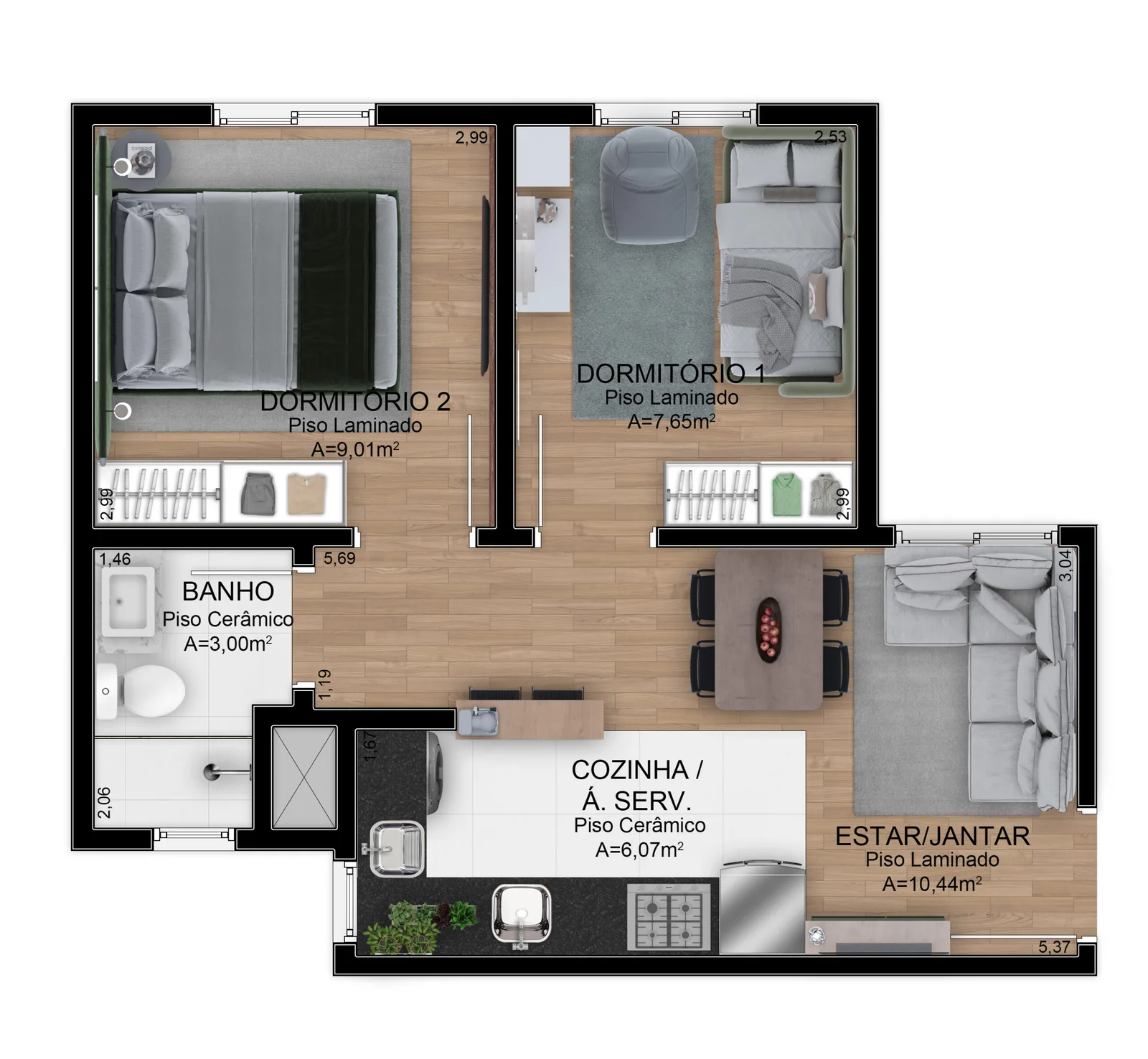 Planta do apartamento de 2 dormitórios com 42,65 m²