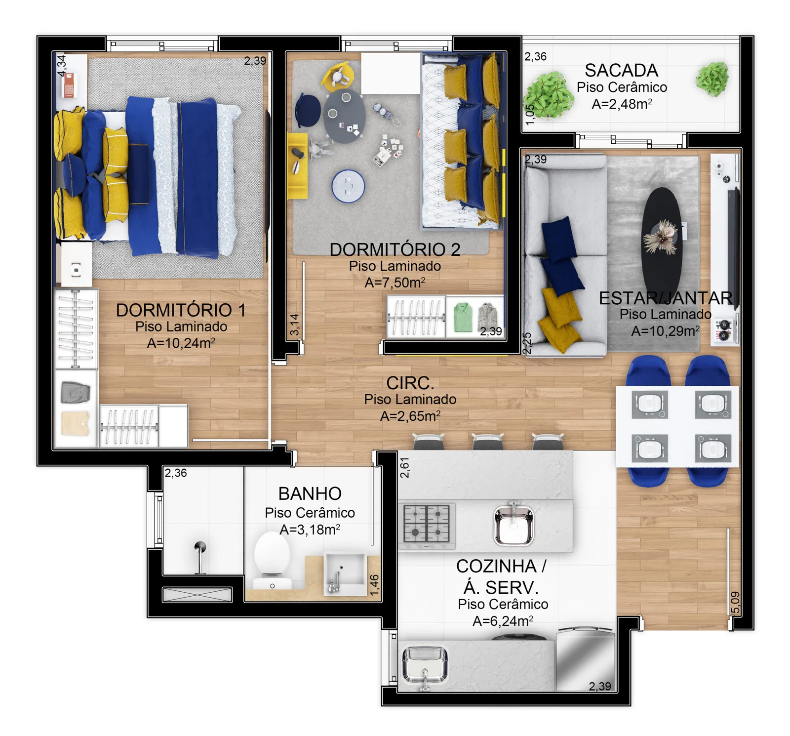 Planta do apartamento de 2 dormitórios