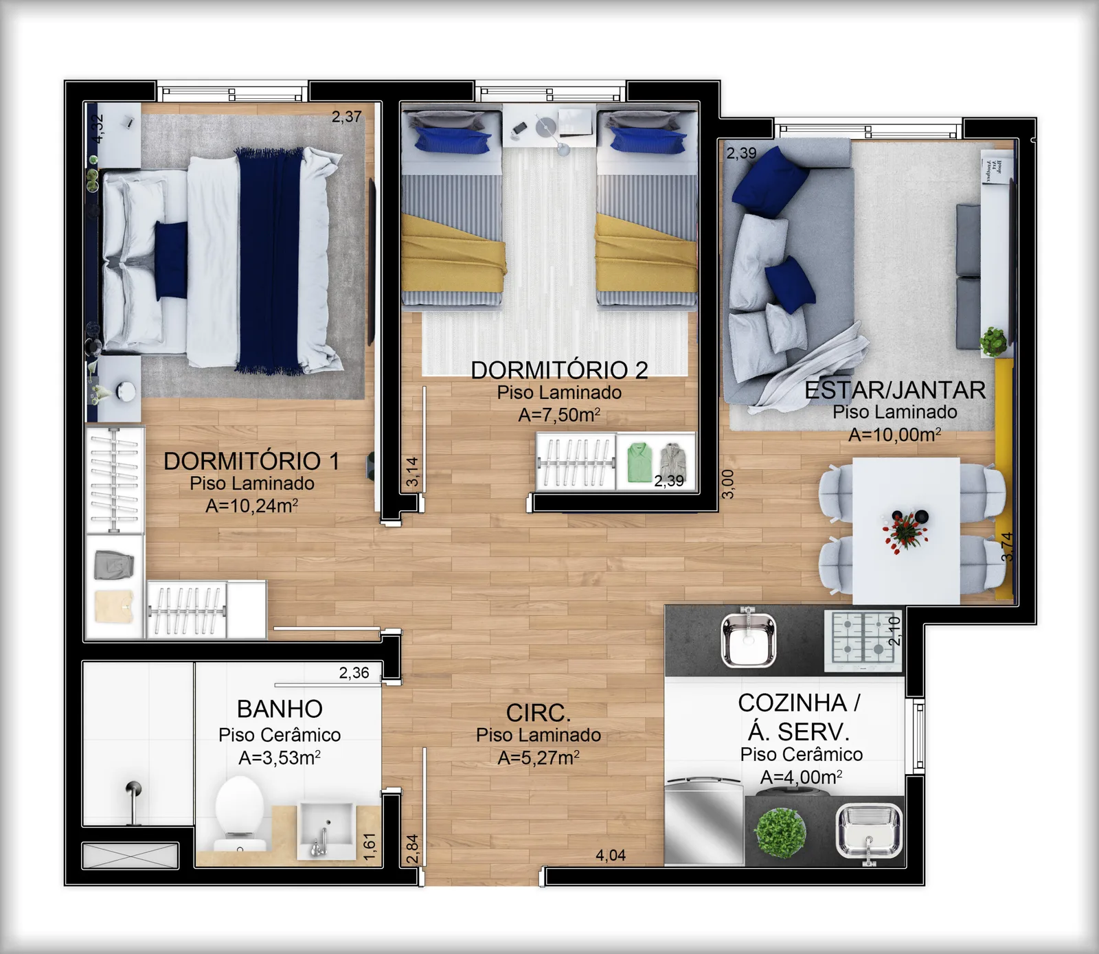 Planta do apartamento de 2 dormitórios com sacada
