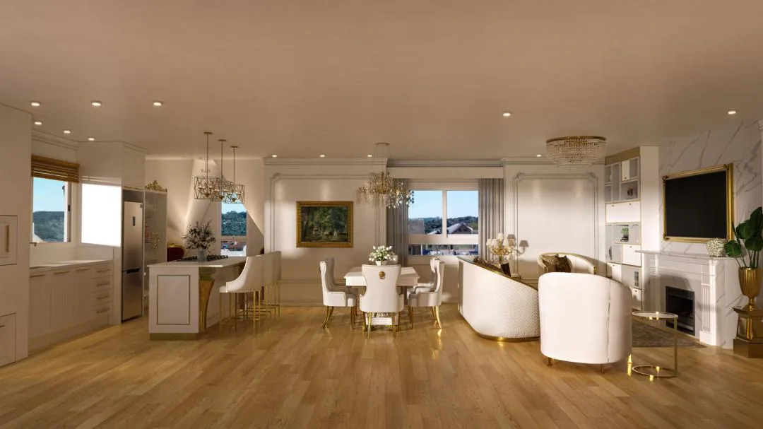 Perspectiva do living com lareira e janelas amplas.