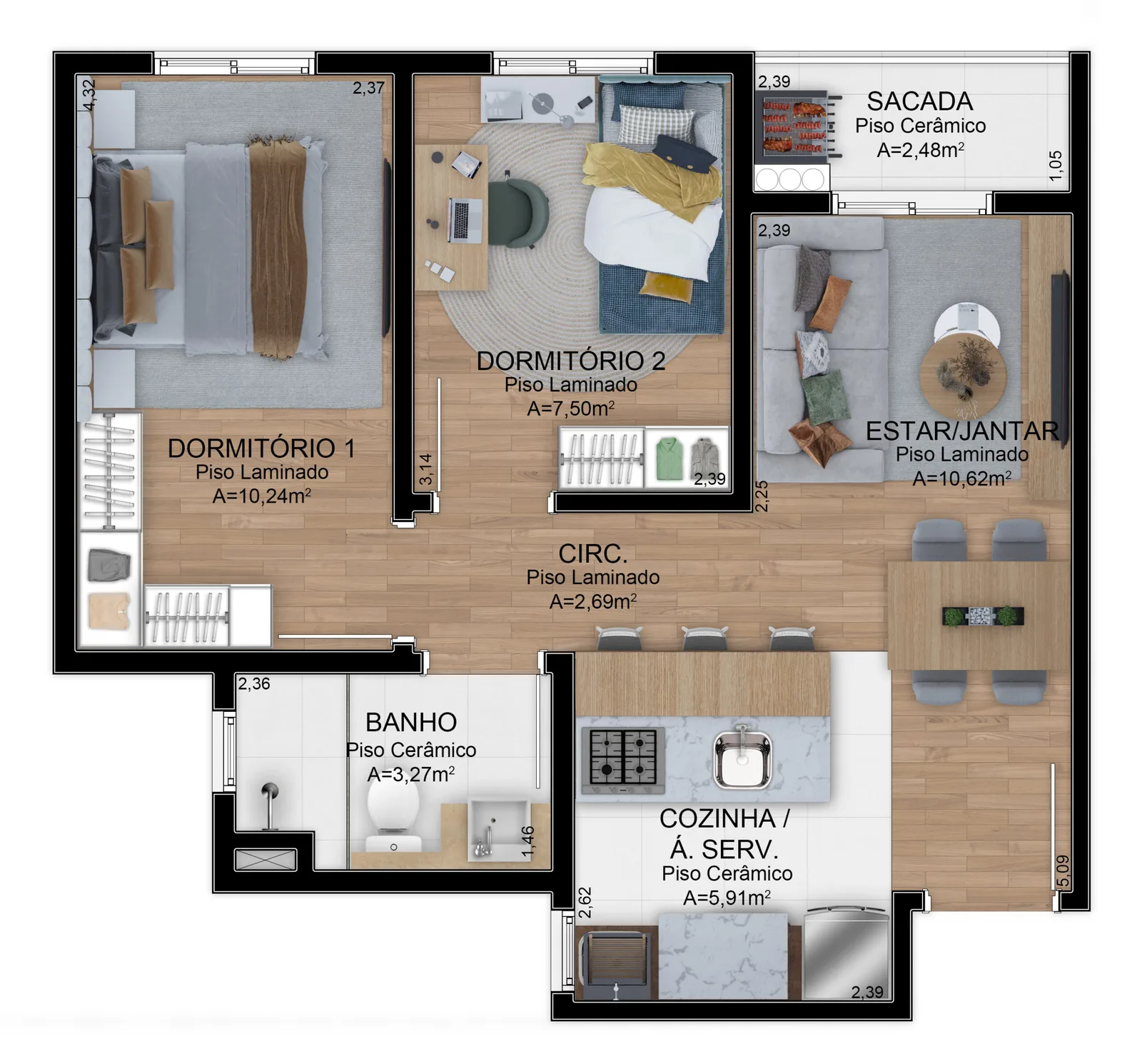Planta do apartamento de 2 dormitórios com sacada