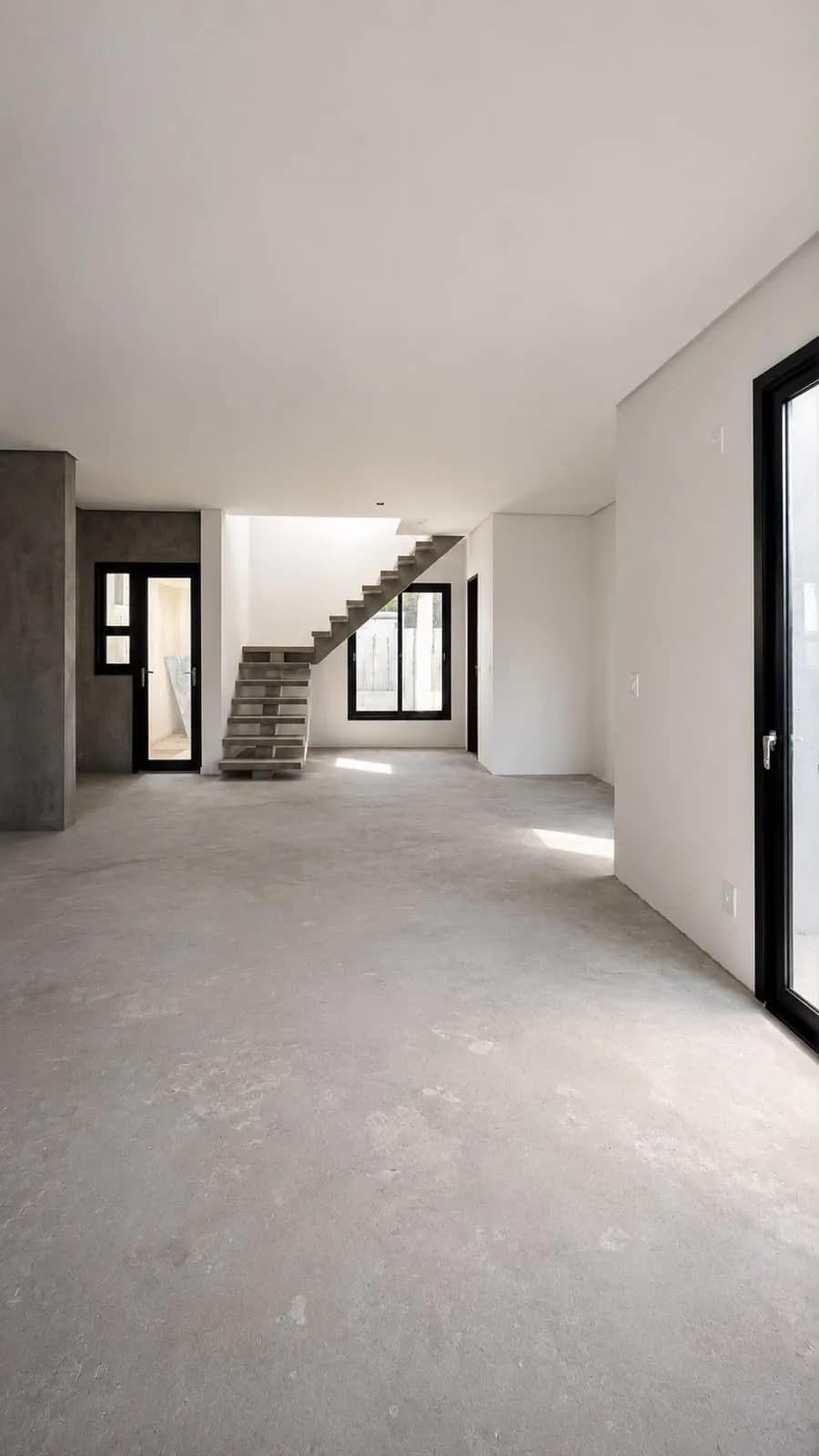 Sala ainda sem acabamento, com escada de concreto ao fundo.