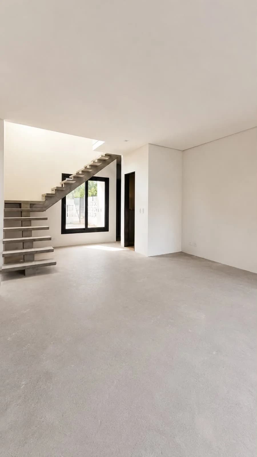Sala sem acabamento, com escada de concreto em balanço.