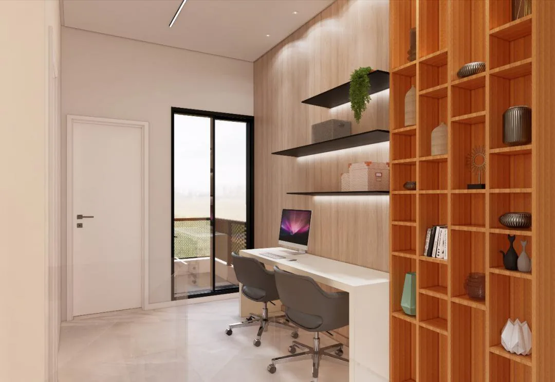 Projeto de home office, com bancada, prateleiras e estante de madeira.