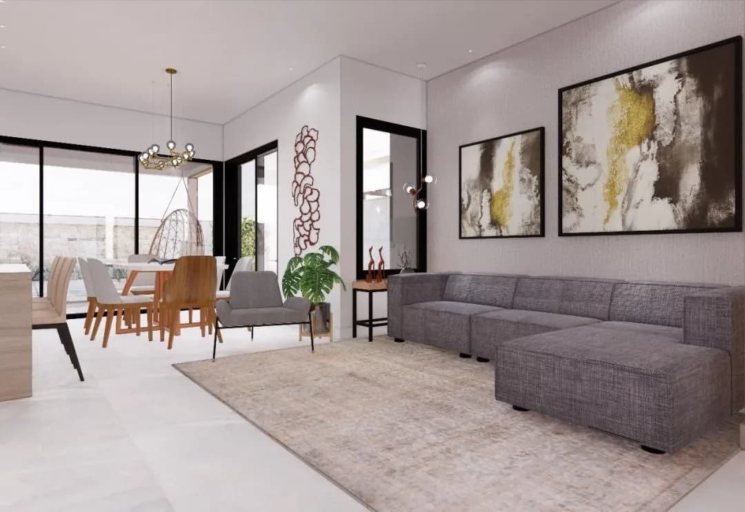 Projeto do living integrado com sala de jantar e acesso ao pátio.