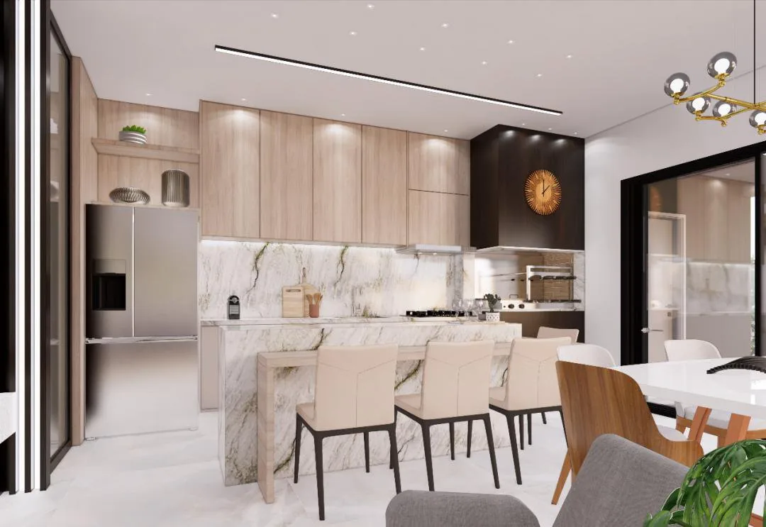 Projeto da cozinha com ilha de mármore, armários de madeira e banquetas.