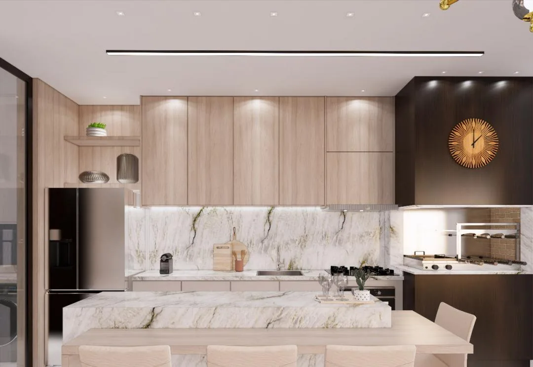 Projeto da cozinha, com bancada de mármore e armários até o teto.