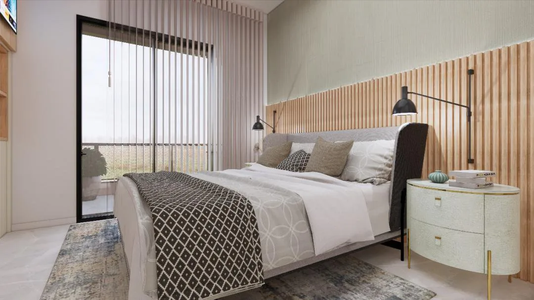 Projeto de suíte com cabeceira ripada de madeira e porta para a sacada.