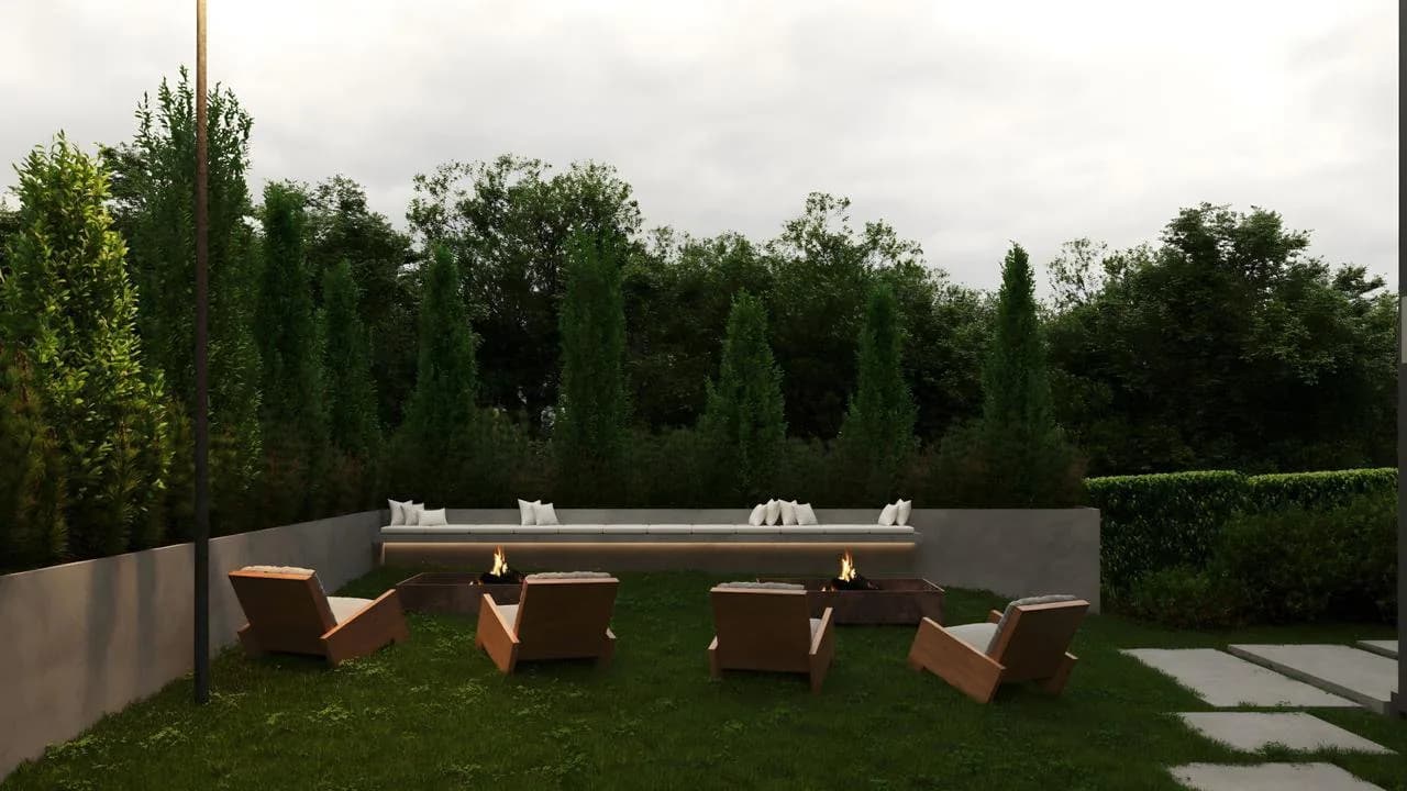 Perspectiva do estar externo com sofás e jardim.