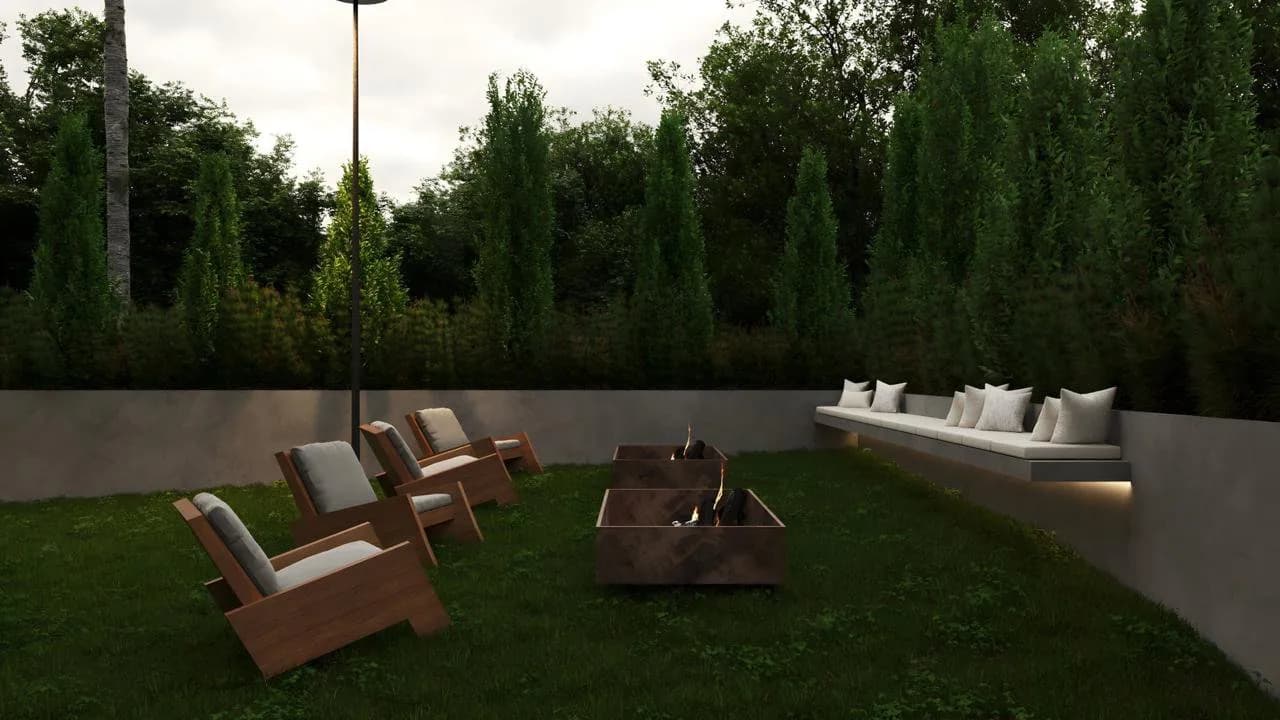 Perspectiva do jardim com espreguiçadeiras e fogueira.