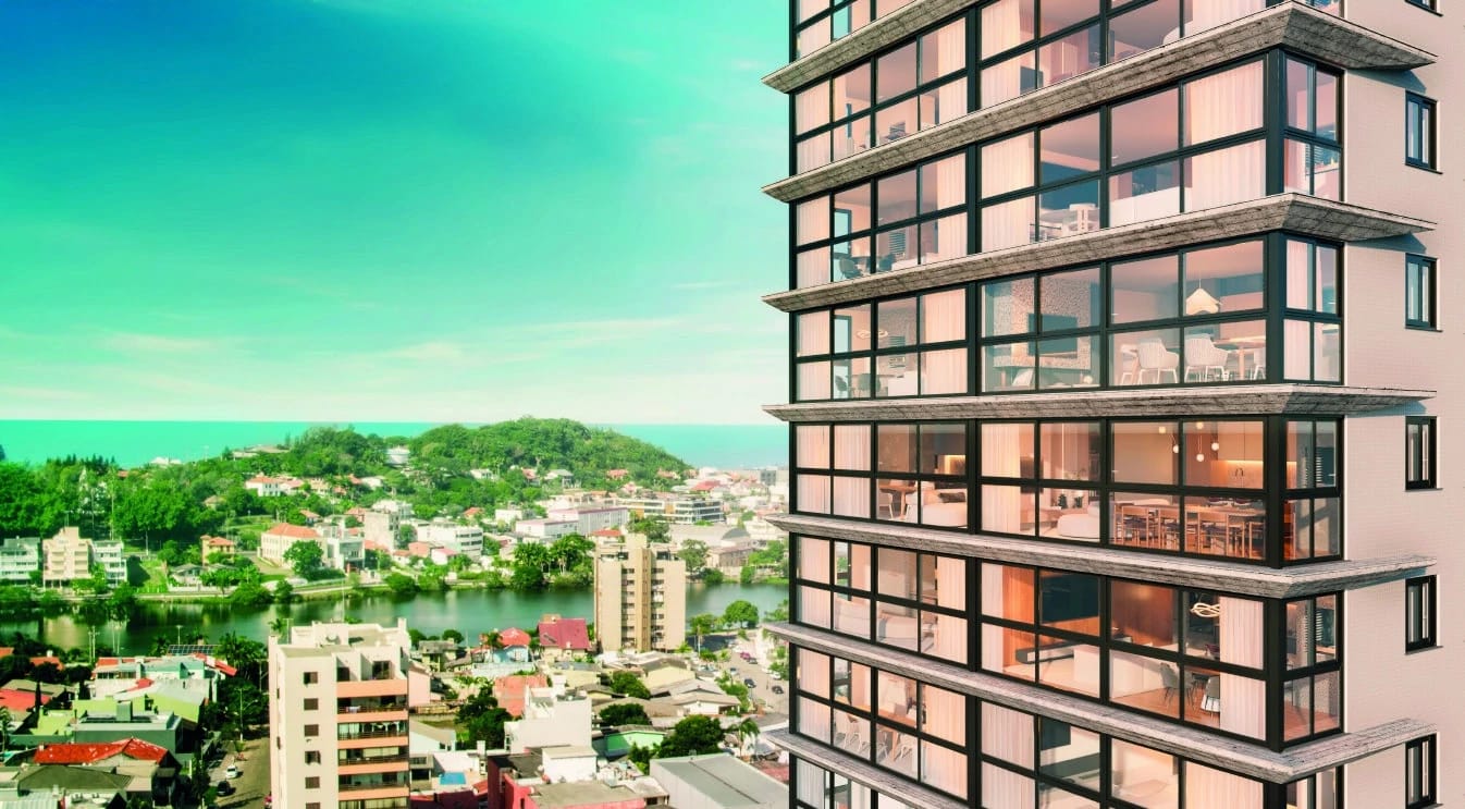 Fachada e vista da lagoa a partir dos andares (imagem ilustrativa do projeto)