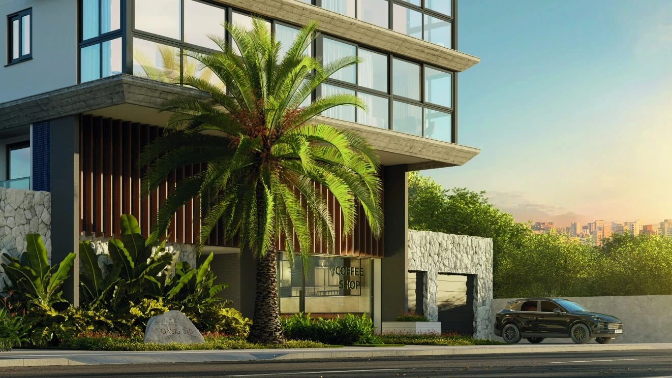 Entrada do prédio com a palmeira e o portão da garagem (imagem ilustrativa do projeto)