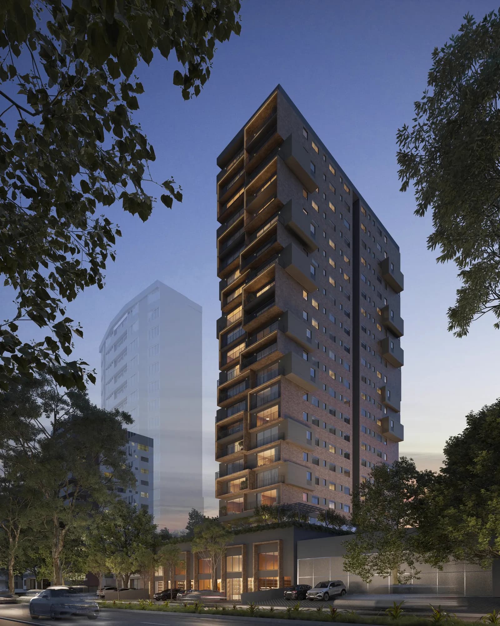 Torre residencial do Bosque Wellness Living ao entardecer, entre copas de árvores, com varandas iluminadas.