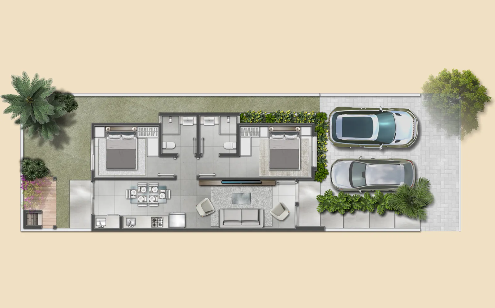 Planta da casa de 2 dormitórios: sala e cozinha integradas, dois quartos, banheiros, pátio nos fundos e 2 vagas.