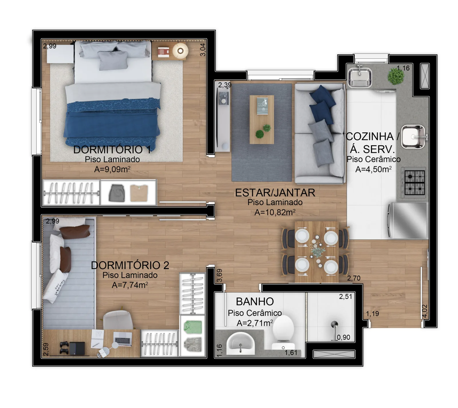 Planta do apartamento de 2 dormitórios