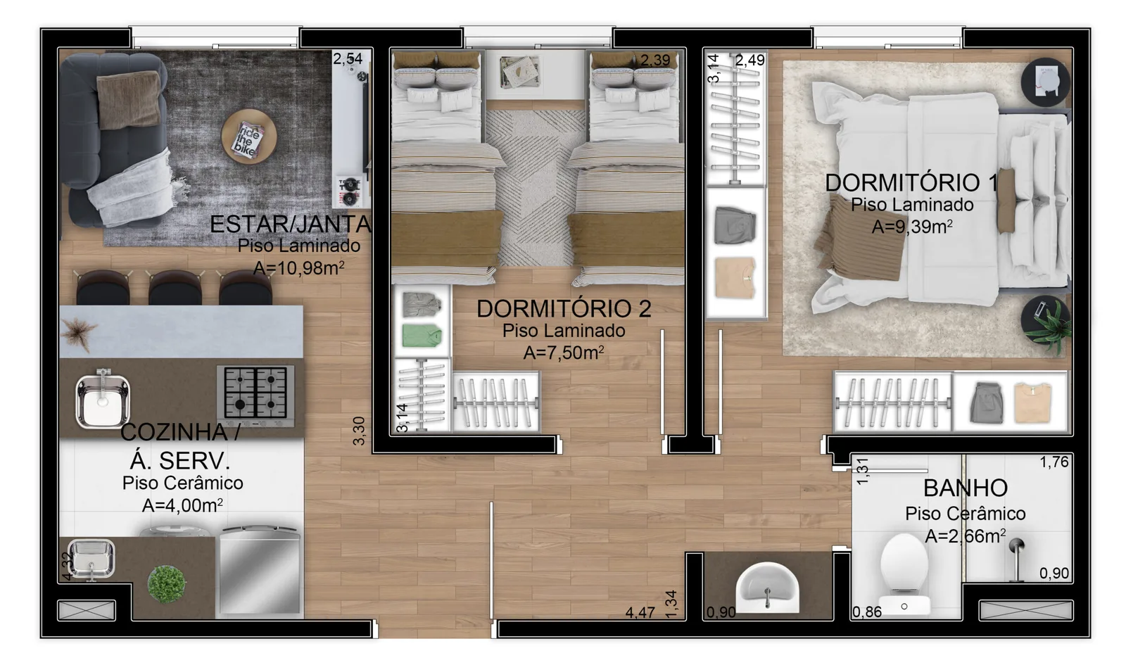 Planta do apartamento de 2 dormitórios, outra opção