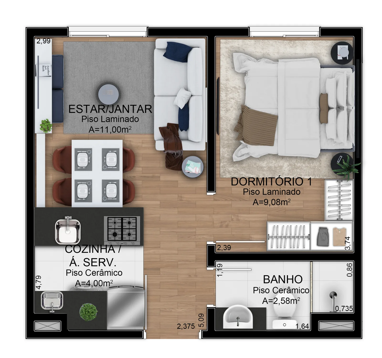 Planta do apartamento de 1 dormitório