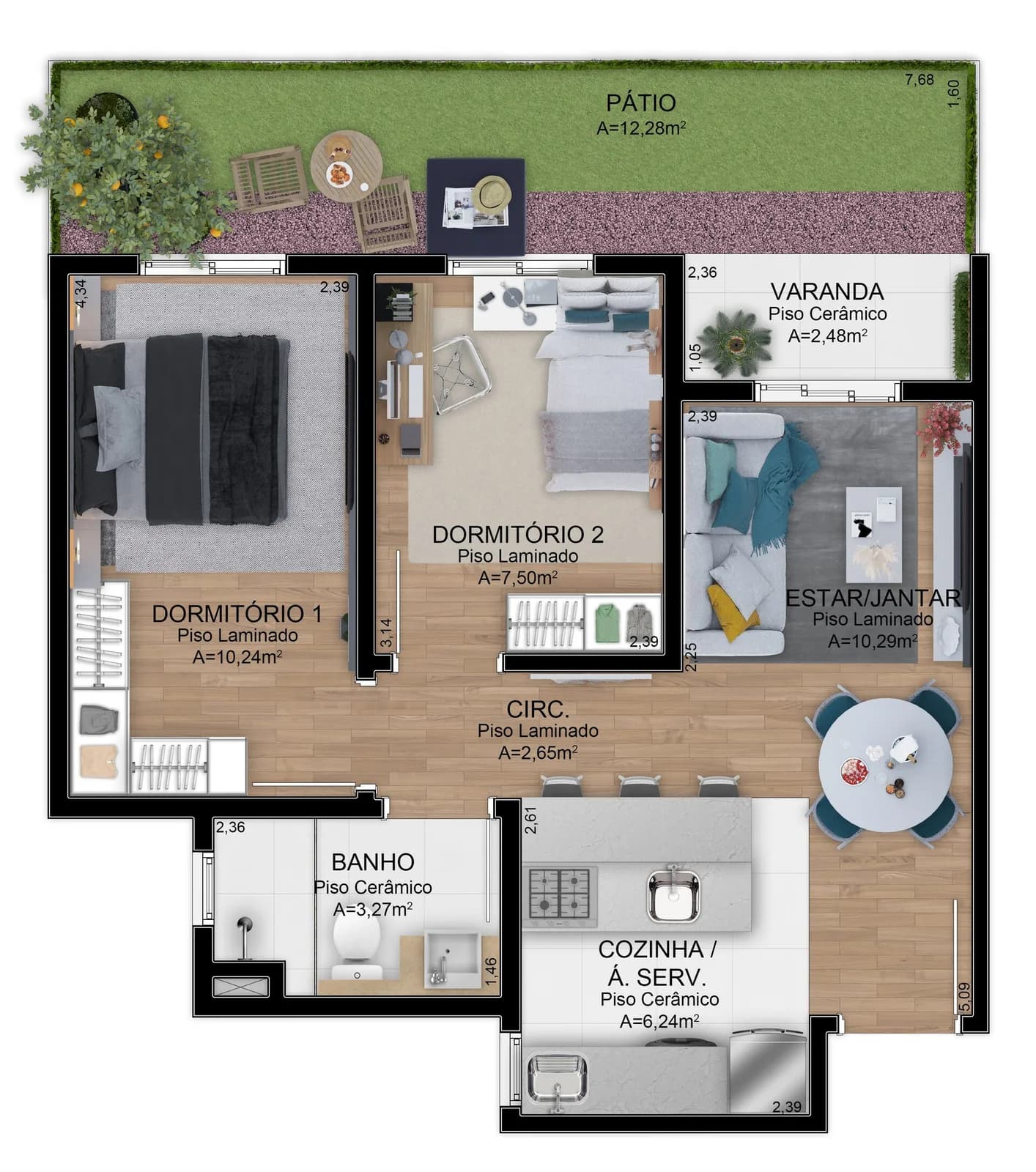 Planta do apartamento de 2 dormitórios com sacada