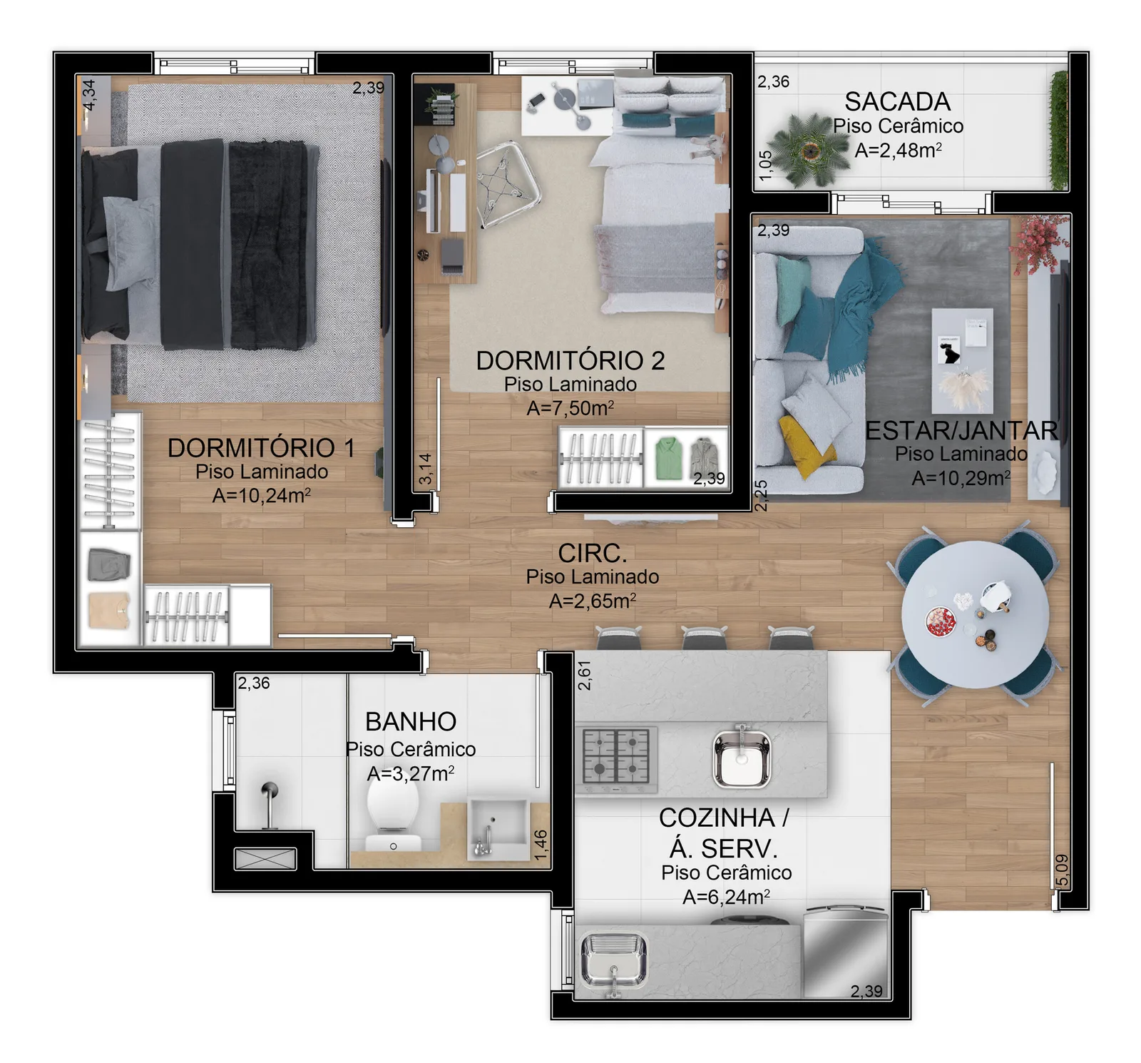 Planta do apartamento de 2 dormitórios