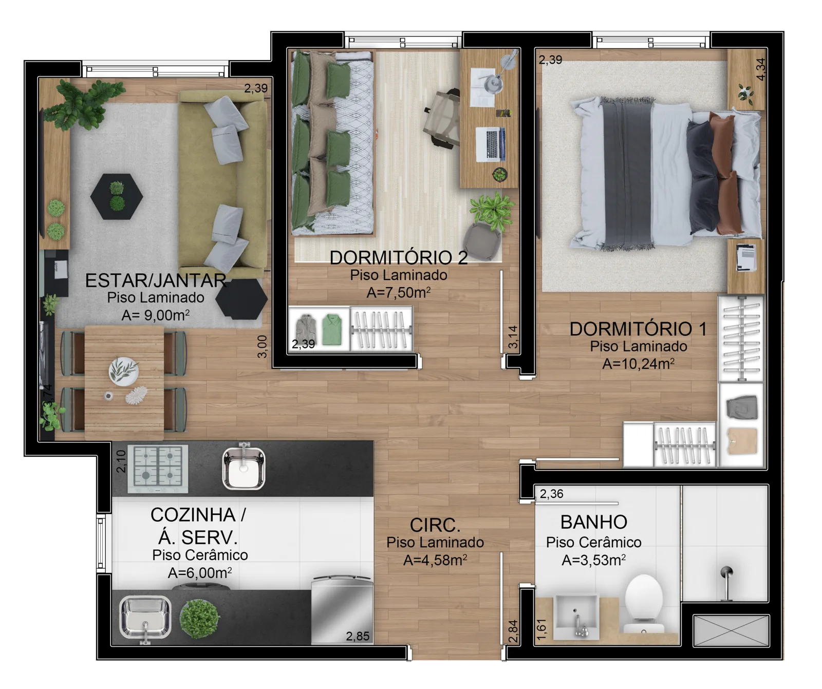 Planta do apartamento de 2 dormitórios com pátio