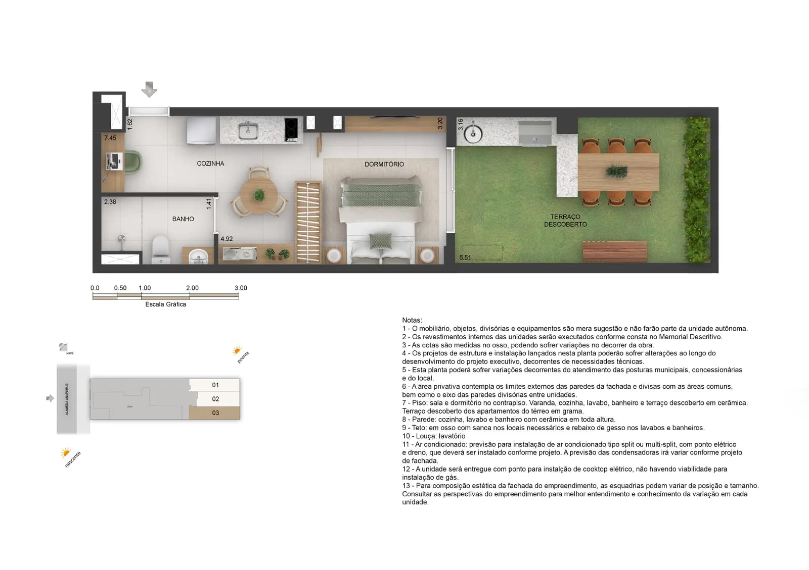 Planta do apartamento 003, no térreo, com 46,71 m² e terraço descoberto com grama