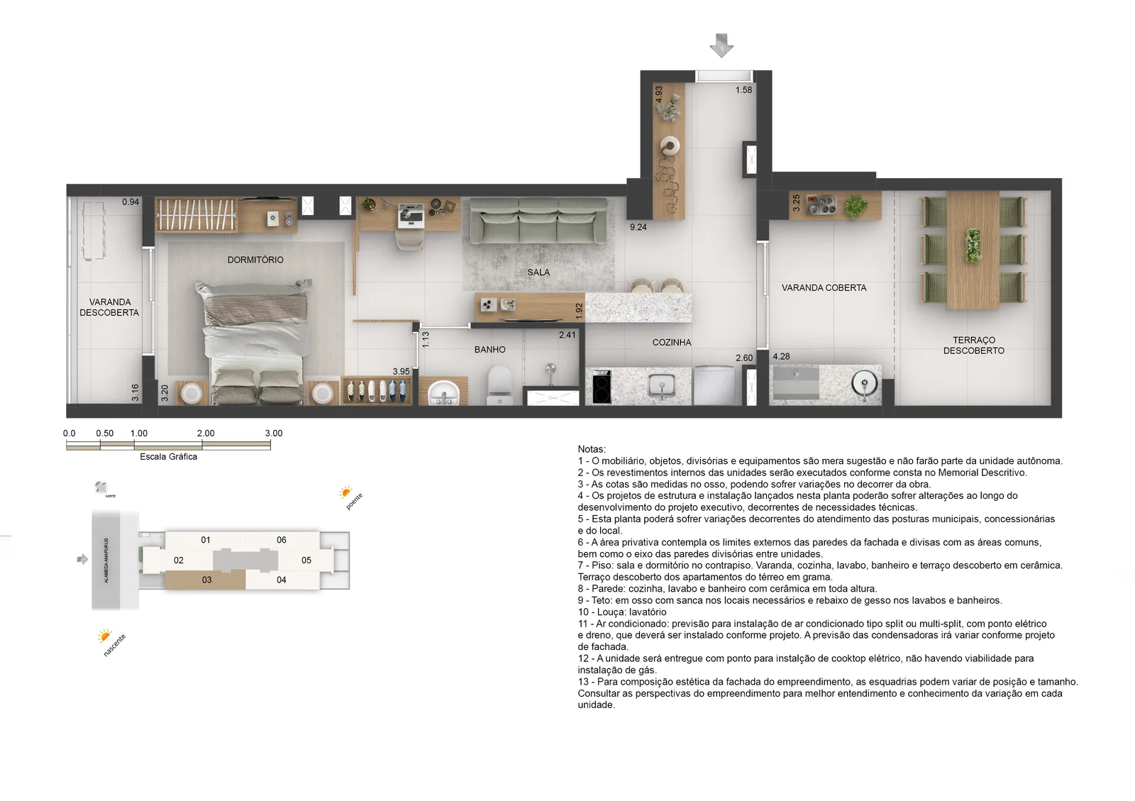 Planta do apartamento 103, 1 dormitório com 56,21 m², varandas e terraço