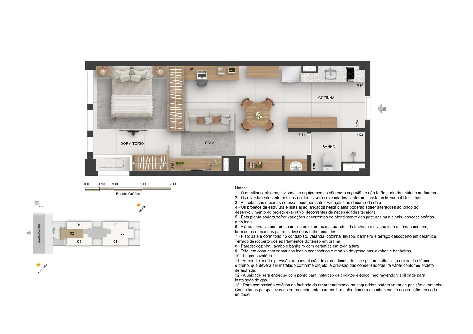 Planta do apartamento 205, 1 dormitório com 42,18 m² (desenho da unidade gêmea, espelhado)