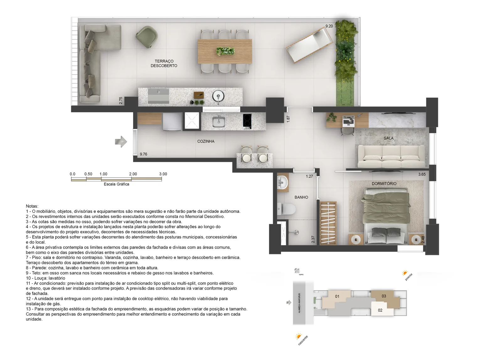 Planta do apartamento 301, 1 dormitório com 64,73 m² e terraço descoberto